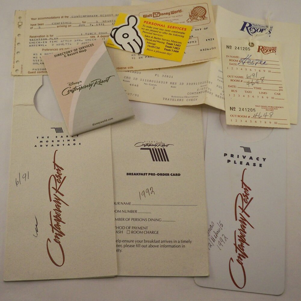Disney World Contemporary Guide, Door Hangers, Other 91, 92 Vintage *Ephemera